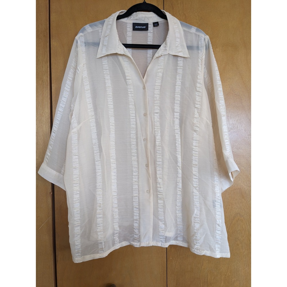 Vintage Avenue Cream Sheer Textured Stripe Button Down Blouse Plus Size 22/24